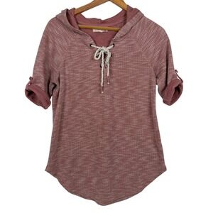 Signet Hoodie Top Womens Medium Pink Marled Lace Up Roll Tab Sleeve Curved Hem